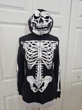 Hot Hopic Punk Goth Skull Skeleton Zip Up Mask Black White Hoodie Top XS S